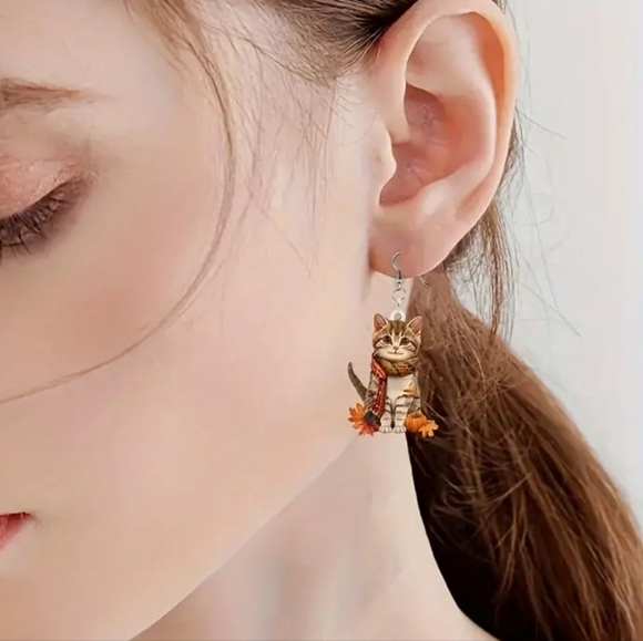 Festive Fall Cat Pierced Acrylic Dangle Earrings. NWT - Picture 3 of 3